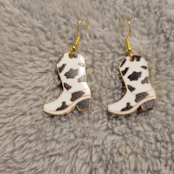 Unbranded Jewelry - Cowgirl Boot Cow Print Earrings Gold Tone Black White Western Rodeo Dangle E18E